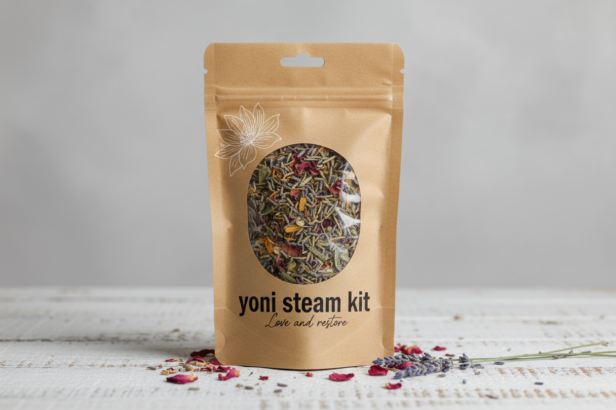 en brun pakke med urte blanding "yoni steam kit - Love and restore"